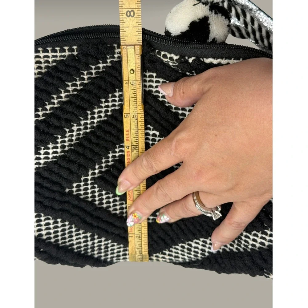Boho Black White Geometric Tufted Pouch Pom Pom Tassel Makeup Bag Clutch India